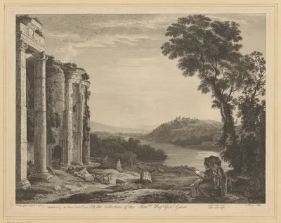 Landschap met brede rivier en man die een ruïne tekent