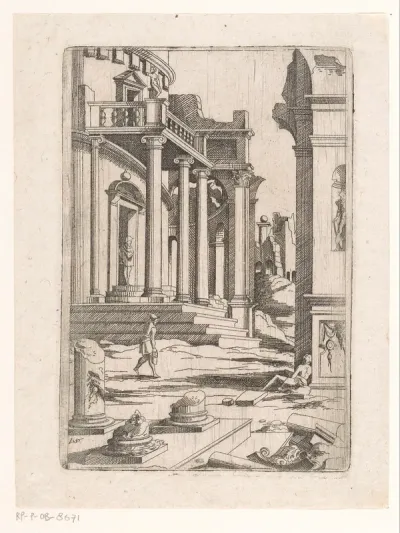 Landschap met brokstukken van zuilen en een gebouw met trappen