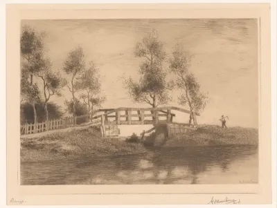 Landschap met brug en boer