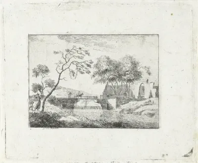 Landschap met brug en boerderij