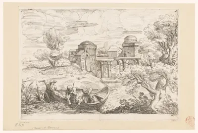 Landschap met brug en boot