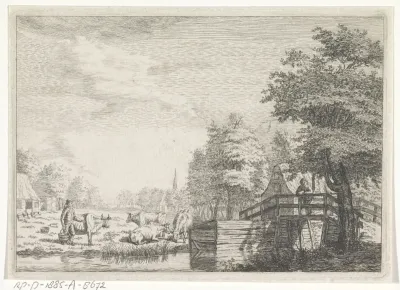 Landschap met brug en koeien in een weiland