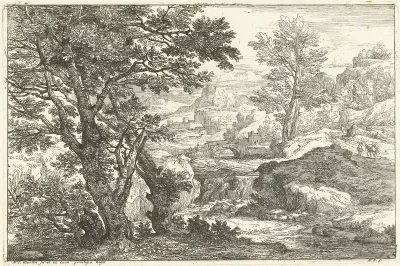 Landschap met brug en waterval