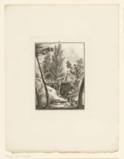 Landschap met brug over een kleine waterval