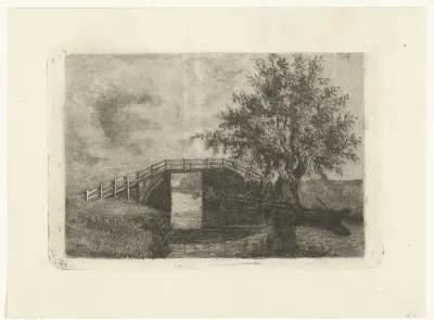 Landschap met brug over sloot en wilg op oever