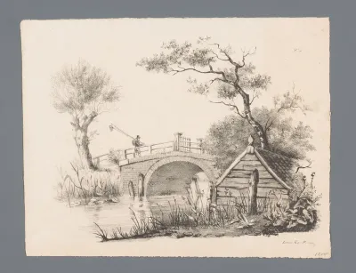 Landschap met brug, visser en schuur