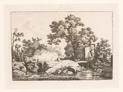 Landschap met bruggen en een man die met zijn hond door een poort loopt