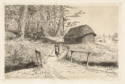 Landschap met bruggetje en schuur