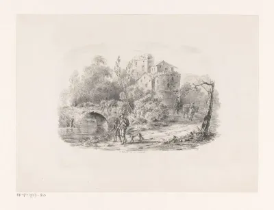 Landschap met burcht en wandelaars