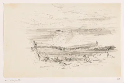 Landschap met burcht of klooster op hoge rots