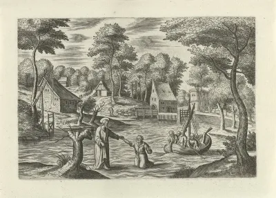 Landschap met Christus die loopt over het water