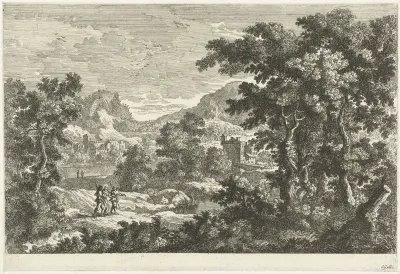 Landschap met Christus en de discipelen op weg naar Emmaus