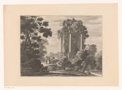 Landschap met Christus en twee mannen voor antieke ruïne