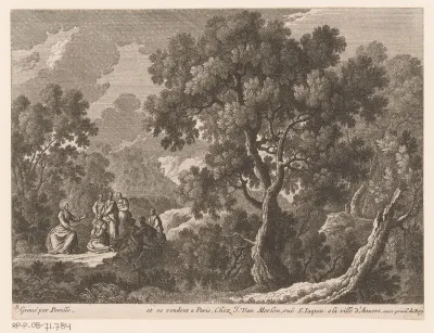 Landschap met Christus predikend voor kleine groep mensen