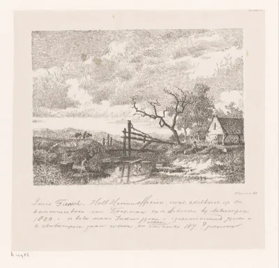 Landschap met constructie van houten palen over een sloot