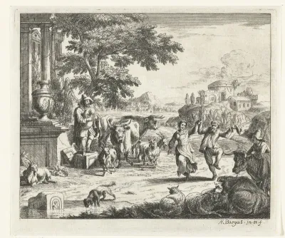 Landschap met dansende man en vrouw en doedelzakspeler bij ruïnes