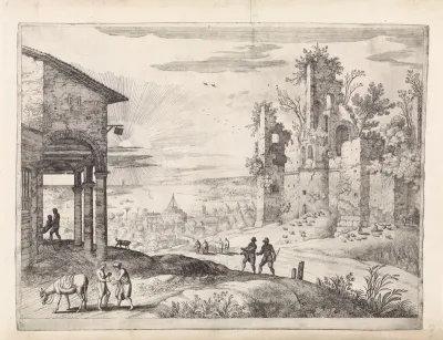 Landschap met de barmhartige Samaritaan bij de herberg