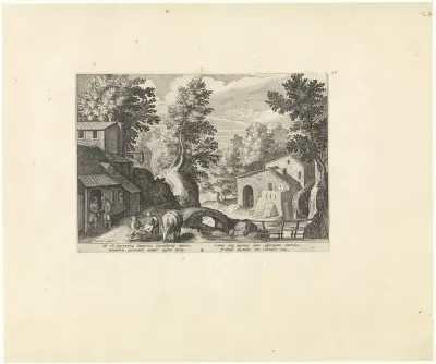 Landschap met de barmhartige Samaritaan die de gewonde reiziger bij een herberg afzet