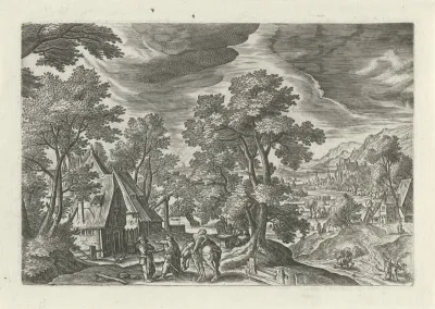 Landschap met de barmhartige Samaritaan die de gewonde reiziger bij een herberg afzet