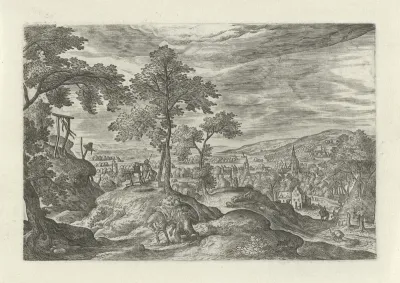 Landschap met de barmhartige Samaritaan met op zijn paard de gewonde reiziger