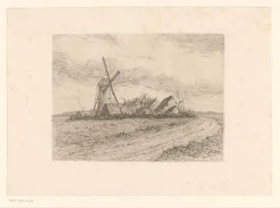 Landschap met de Cathelijne molen en huizen
