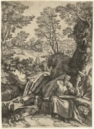 Landschap met de H. Hieronymus die de bijbel vertaalt