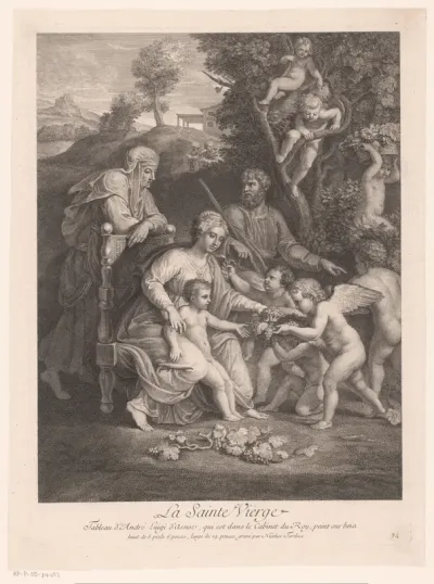 Landschap met de Heilige familie en engelen die hen druiven aanbieden