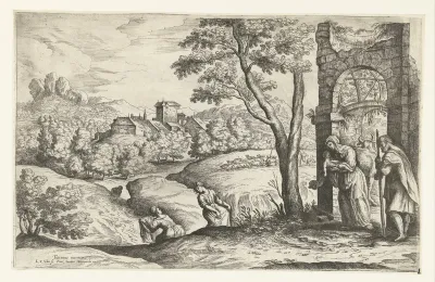Landschap met de heilige familie en twee voedvrouwen