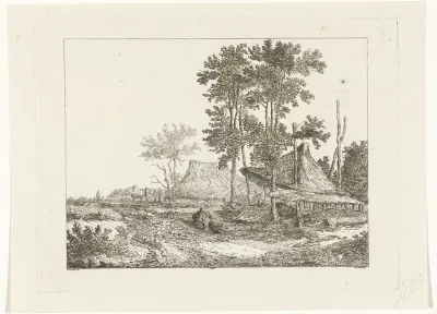 Landschap met de overkapping van een hooiberg