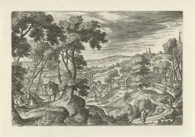 Landschap met de reiziger die door de barmhartige Samaritaan wordt verzorgd