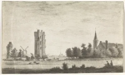 Landschap met de ruïne Huis ter Kleef en twee tekenaars