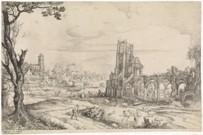 Landschap met de ruïne van een abdij