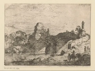 Landschap met de ruïne van een poort naast een vervallen brug