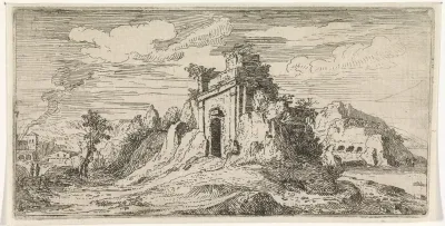 Landschap met de ruïnes van een poort