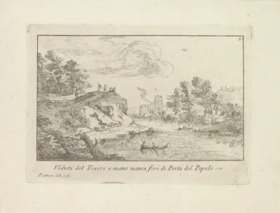 Landschap met de Tiber en de Porta del Popolo