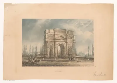 Landschap met de triomfboog van Orange met reizigers