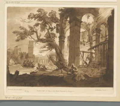 Landschap met de Verzoeking van H. Antonius bij een ruïne