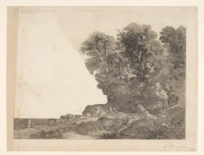 Landschap met dieren en figuren op een weg langs een rivier