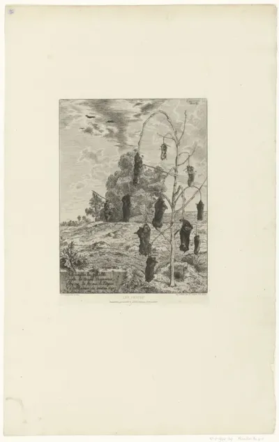 Landschap met dode mollen aan boom en mollenvanger