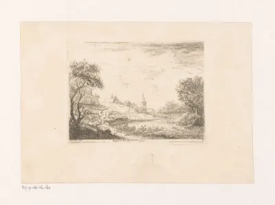Landschap met dorp aan het water