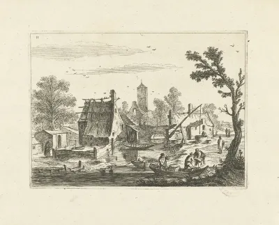 Landschap met dorp aan rivier