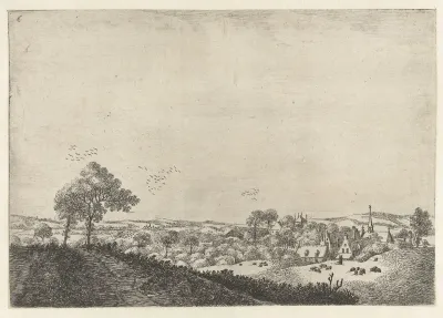 Landschap met dorp en herder met kudde