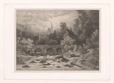 Landschap met dorp in een bergdal langs een rivier met brug