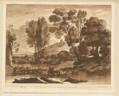 Landschap met dorp op een heuvel en drie veedrijvers die rivier oversteken
