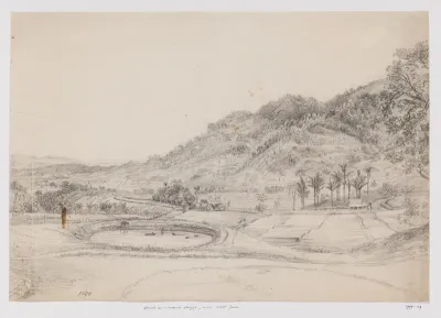Landschap met dorp, vijver en rijstvelden, West-Java