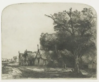 Landschap met drie boerderijen langs een weg
