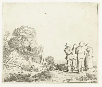 Landschap met drie boeren en een boerin