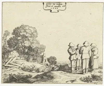 Landschap met drie boeren en een boerin