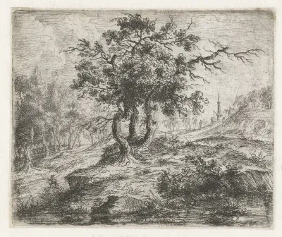 Landschap met drie bomen op een heuvel