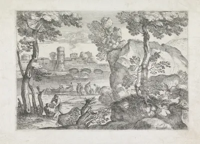 Landschap met drie bootjes op een rivier